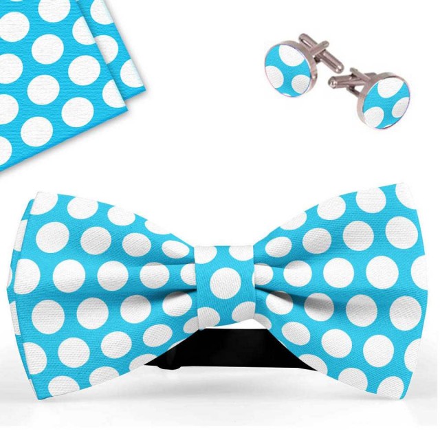 Set papion barbati, batista, butoni, bleu, buline albe, mari